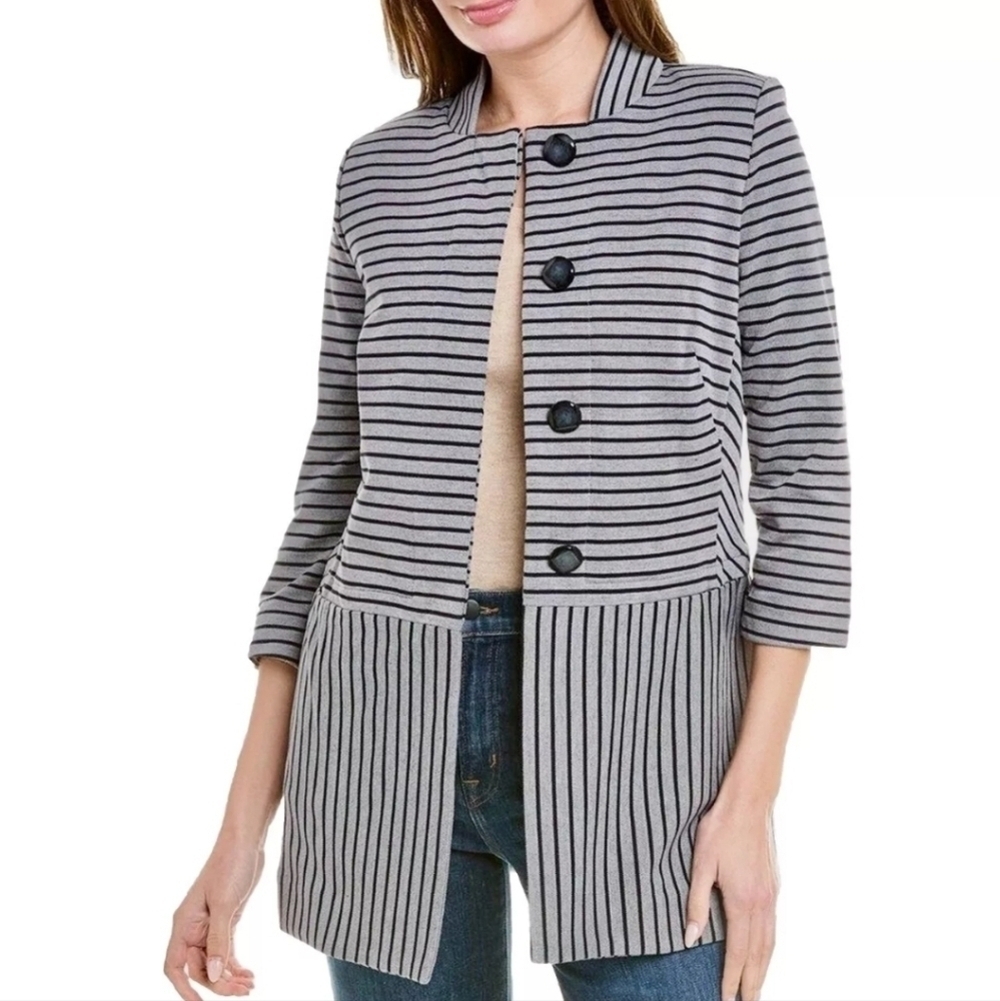 CAbi Dappled Stripe Car Coat Cotton Blend 3 quarter sleeve pockets bold buttons
